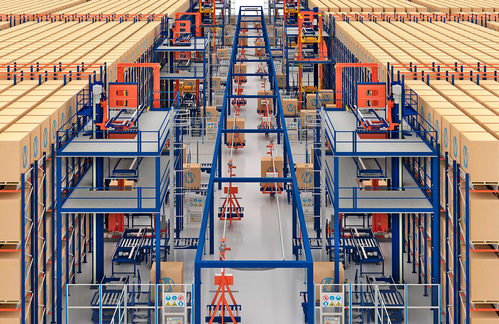 Trolley conveyors are used to transport pallets to and from different automated storage systems