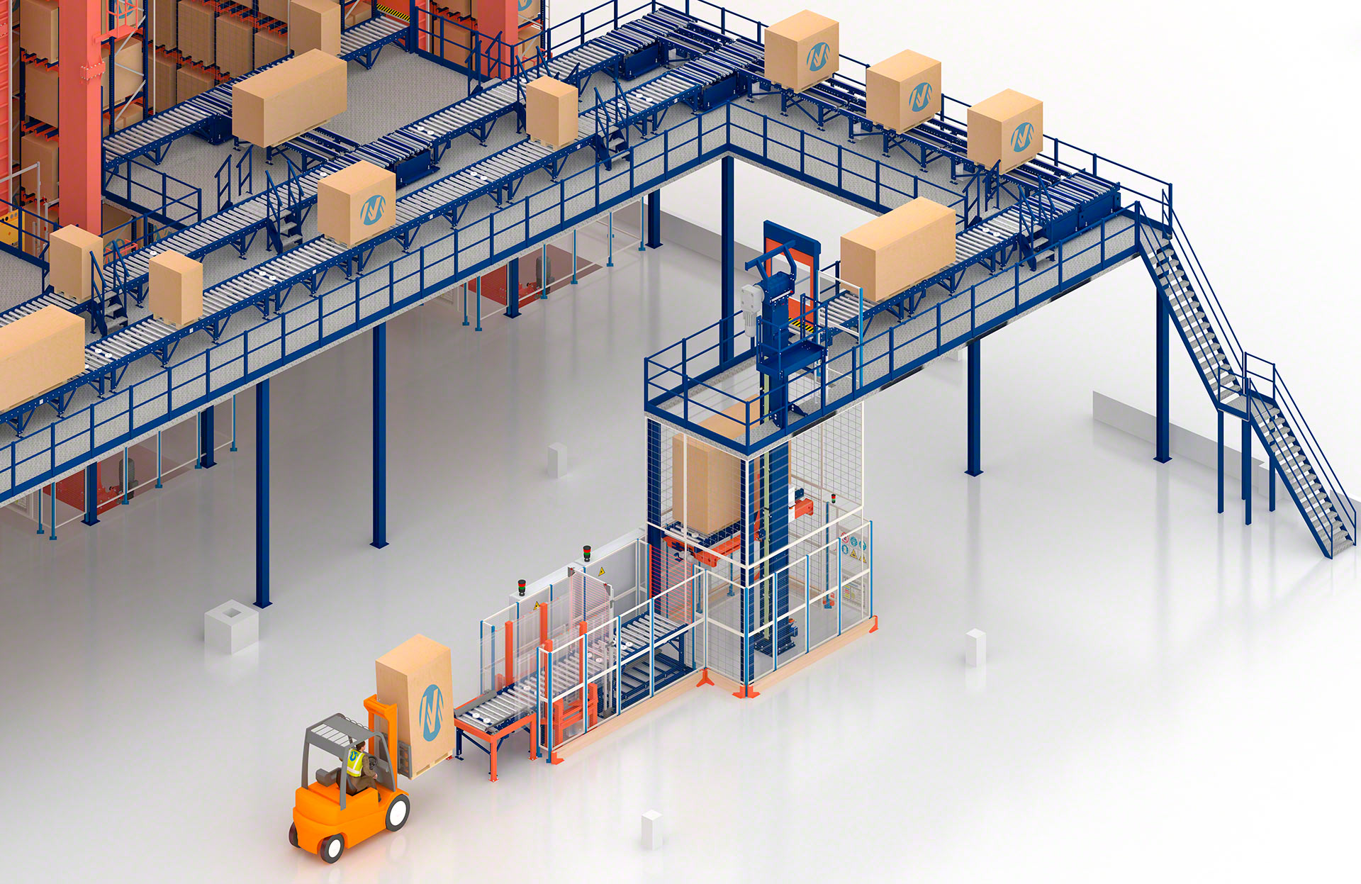 Safety fencing restricts access to the operational area of pallet elevators