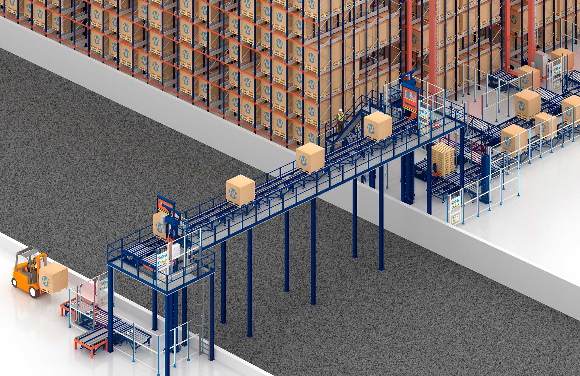 Vertical conveyors can also be used to connect separate warehouses through raised tunnels