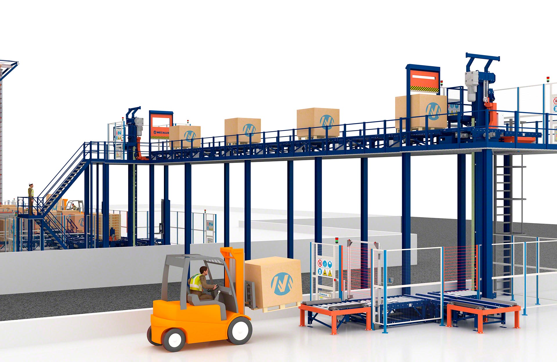 Pallet elevator systems facilitate the continuous transport of palletised loads at height