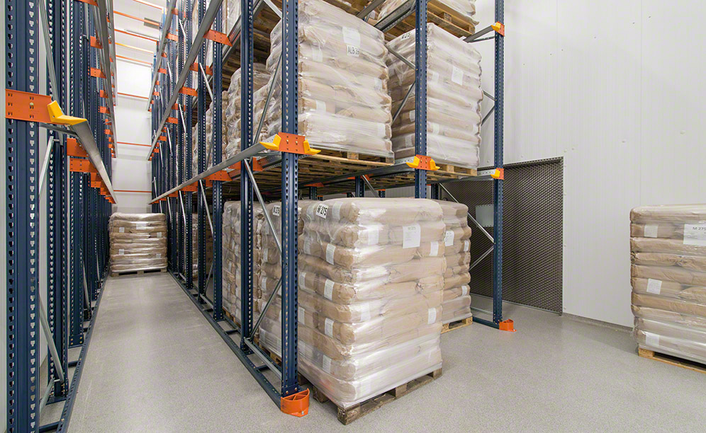 Special heated storage rooms are equipped with drive-in pallet racks
